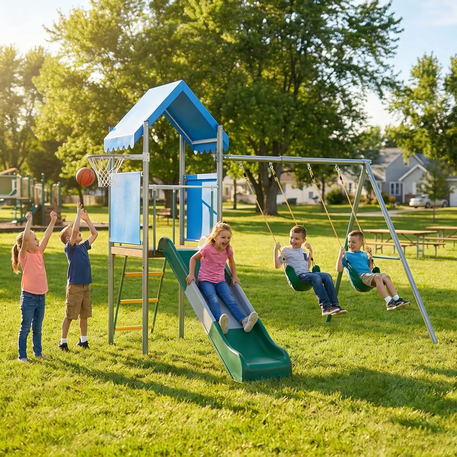 Kids Outdoor Playset with Dual Swings, Slide & Basketball Hoop, Galvanized Steel Frame Playground Equipment for Backyard & Garden, Weather-Resistant
