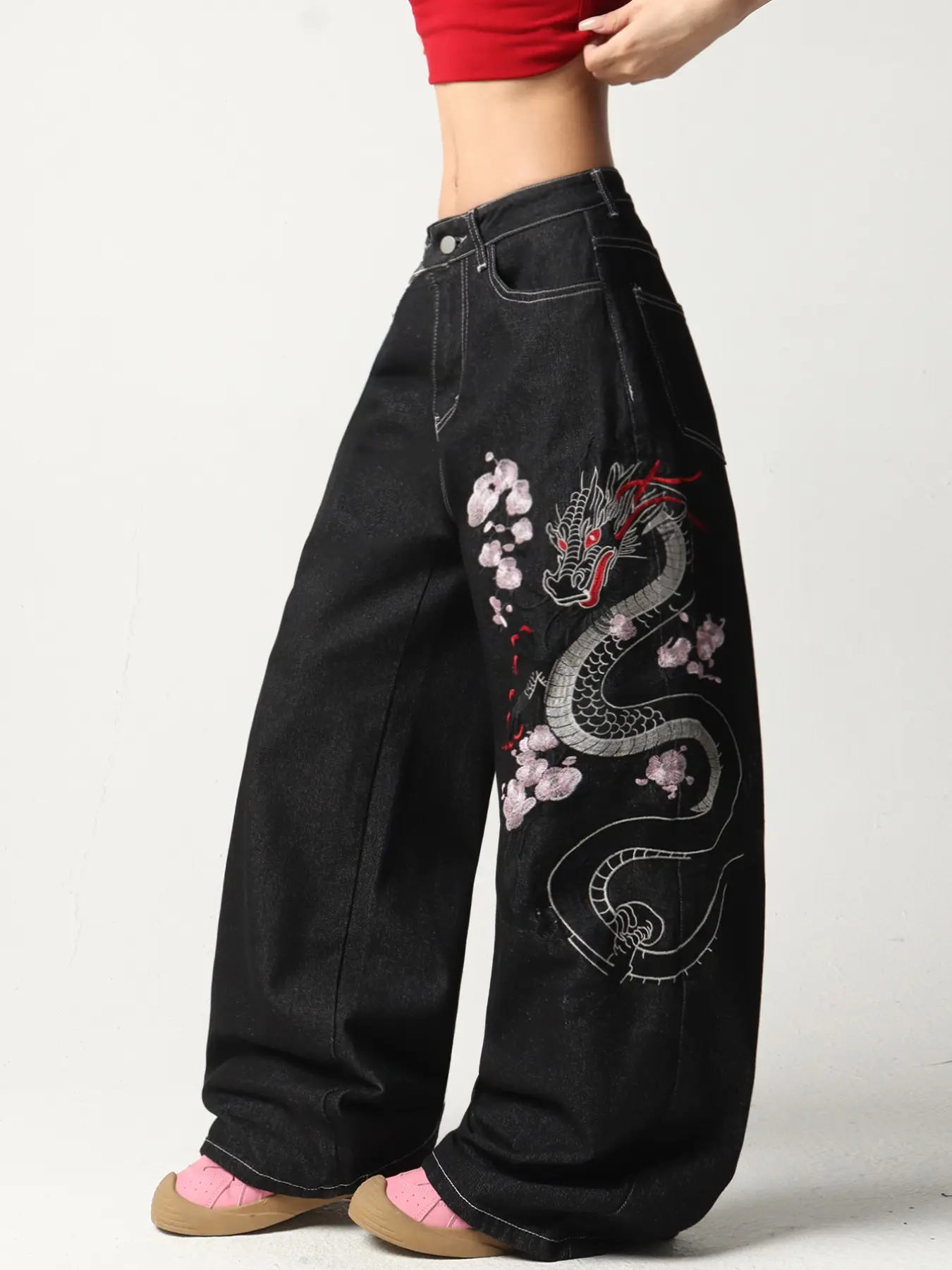 Women's High-Waisted Straight Leg Denim Jeans, Dragon Embroidery, Y2K Street Fashion, Loose Fit, All Seasons, Halloween Gift