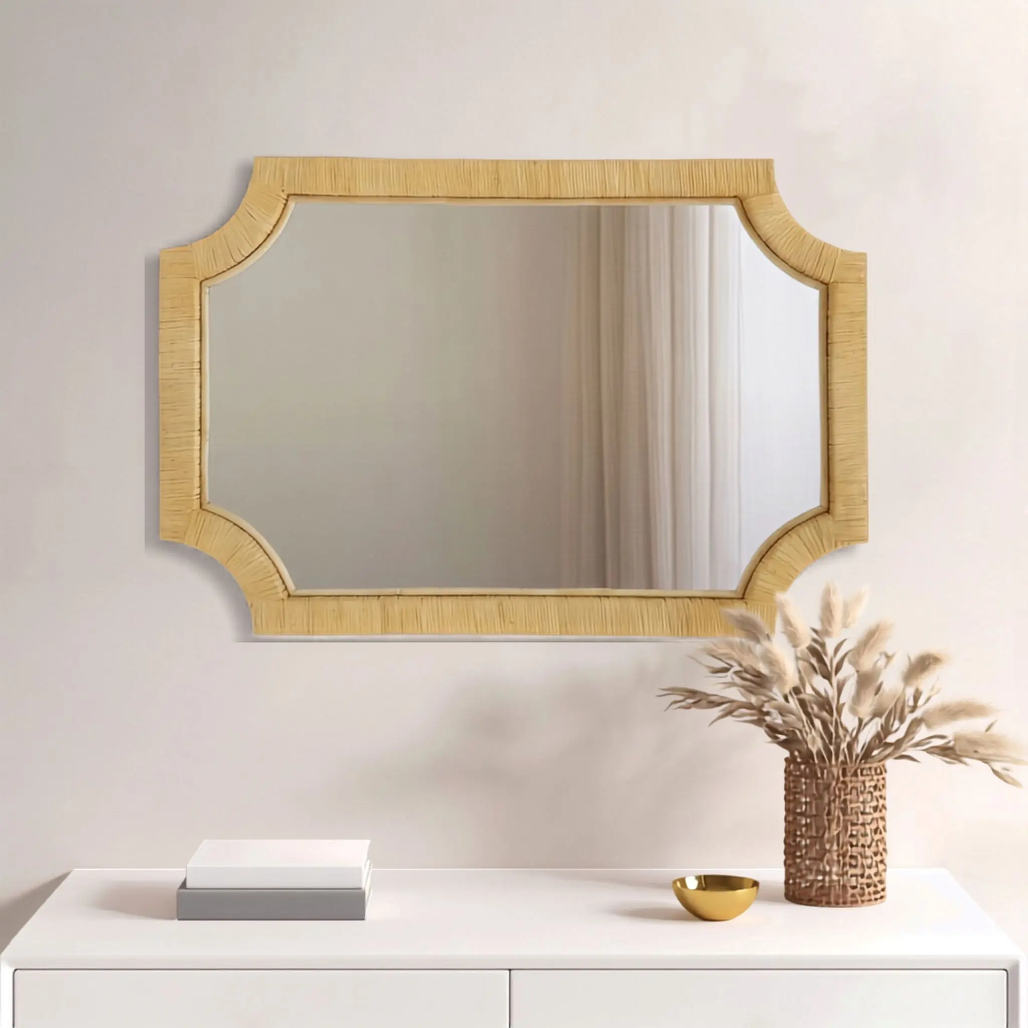 Nokaa Natural Rattan Wall Mirror 1-Piece Handwoven Boho Decor for Living Room Bedroom Entryway Hallway Farmhouse Aesthetic Wall Hanging Mirror, Rustic Woven Accent Mirror for Home Wall Art Decor