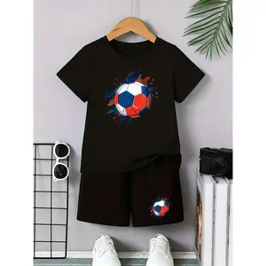 Soccer Ball Graphic Print Boys 2pcs Set Cotton Short Sleeve T Shirt And Shorts Boy Outfit for Casual Play And Outdoor Activities, Perfect for Outdoor