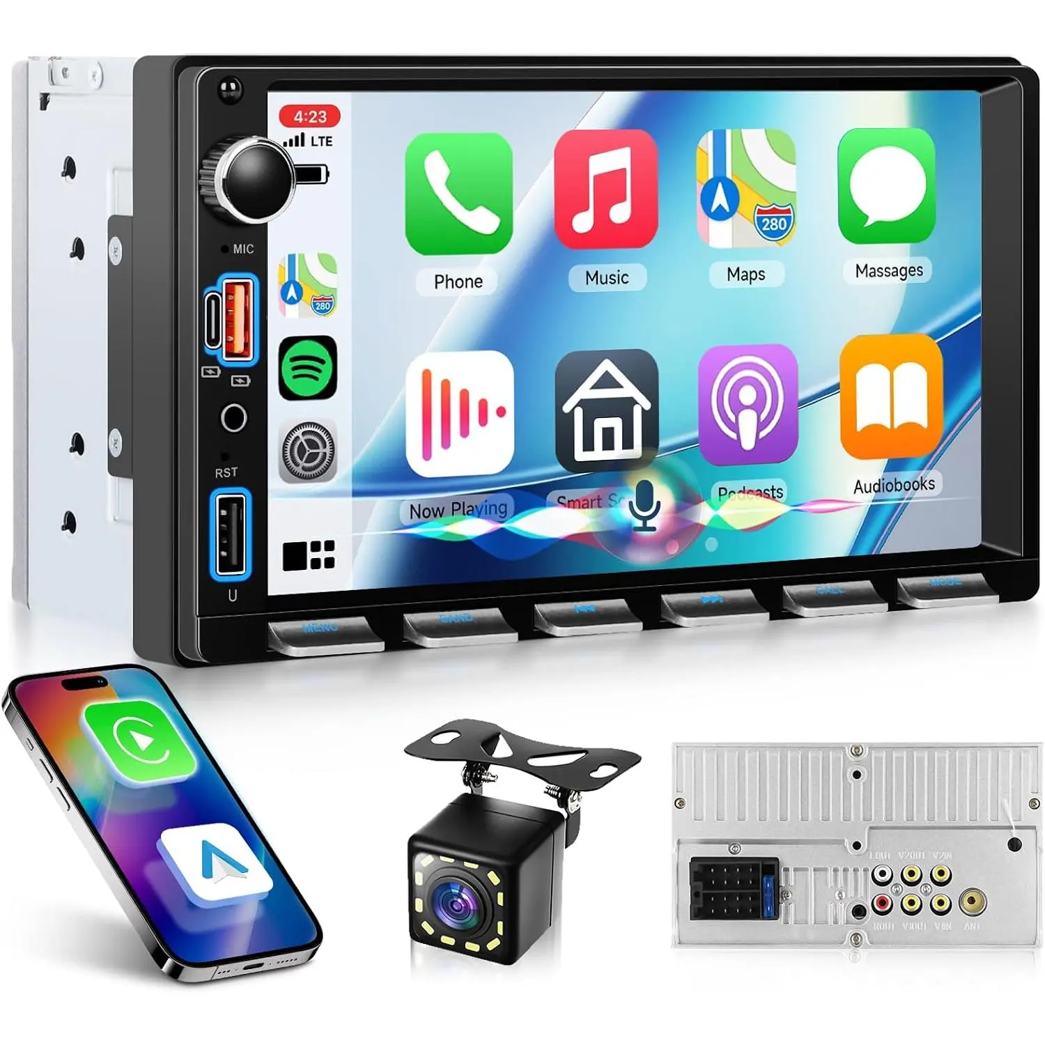 Wireless Double Din Car Stereo Carplay Radio, 7 Inch Anroid Auto Touch Screen Radio with Bluetooth, SWC, Dual USB+Type-C Charging +HD Backup Camera