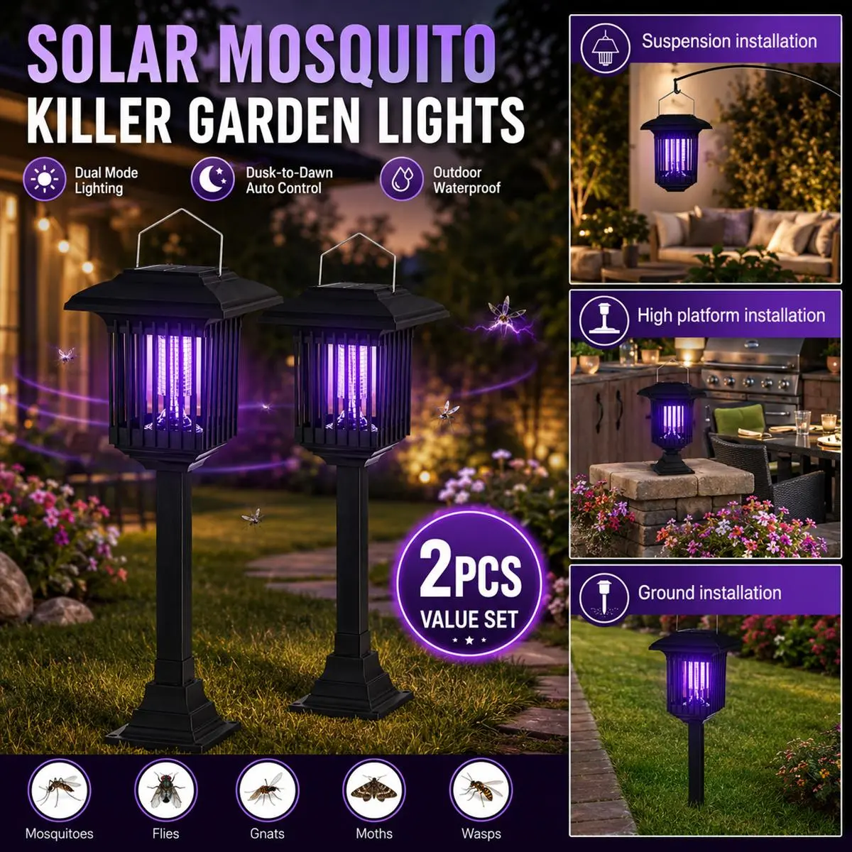 2 Pack Solar Powered Insect Zapper Outdoor Square Stake Style, Cordless Solar Garden Lamp with UV Light, Hang or Ground Stake Installation, Portable LED Mosquito Moth Fly Control Lamp for Patio, Yard, Garden, Porch, Lawn, Pathway and Camping