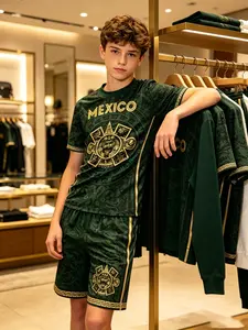 A set of boys' Mexican themed Aztec style sports short sleeved suit, with a strong retro ethnic style as the design highlight, comes with a high-end texture, and is a very distinctive summer children's clothing style