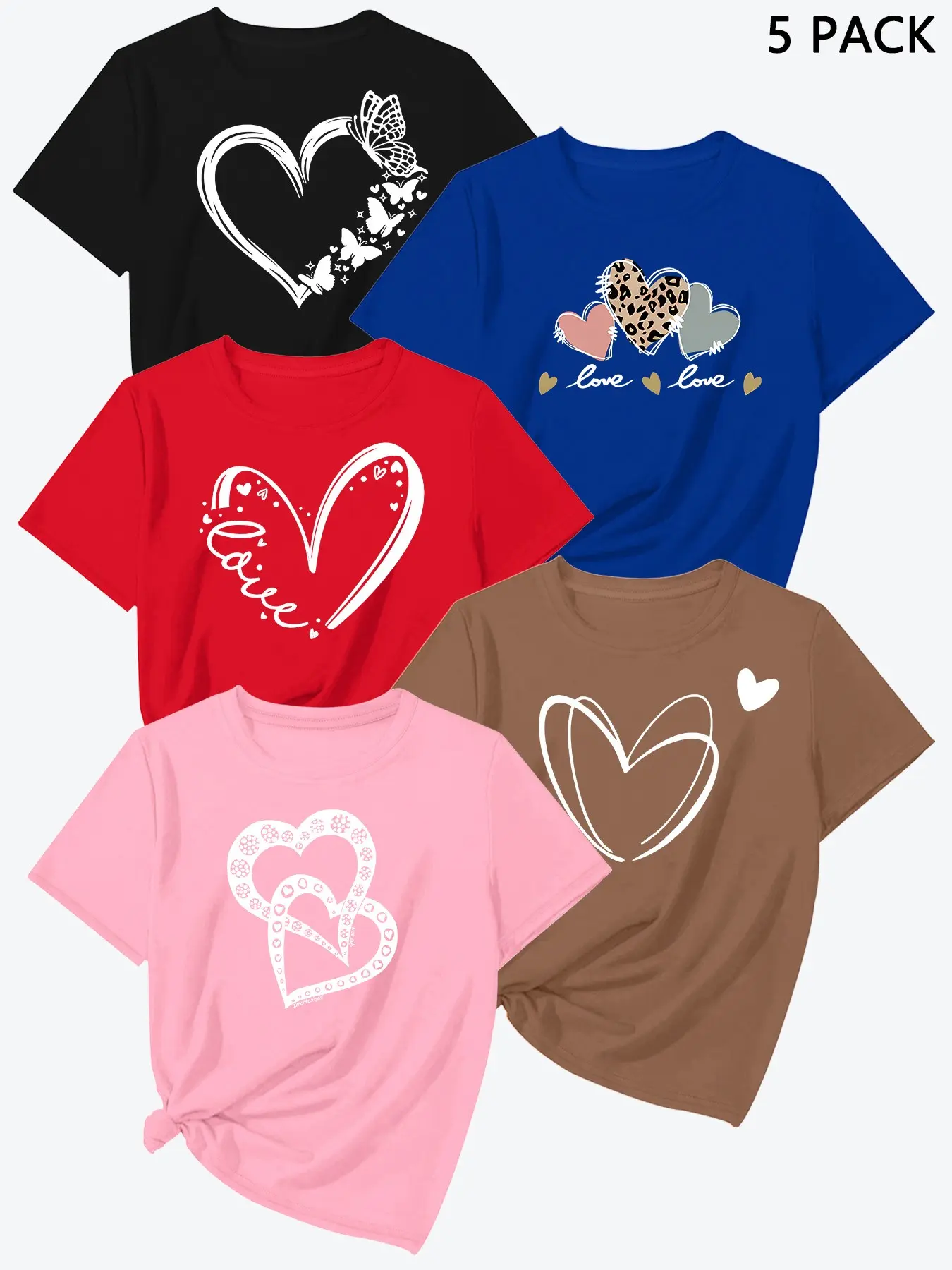 Summer New Heart Print Short Sleeve, High-Quality Women's Sport T-Shirt Set of 5, Casual Fitted Top, Multicolor Options, Athletic Tee