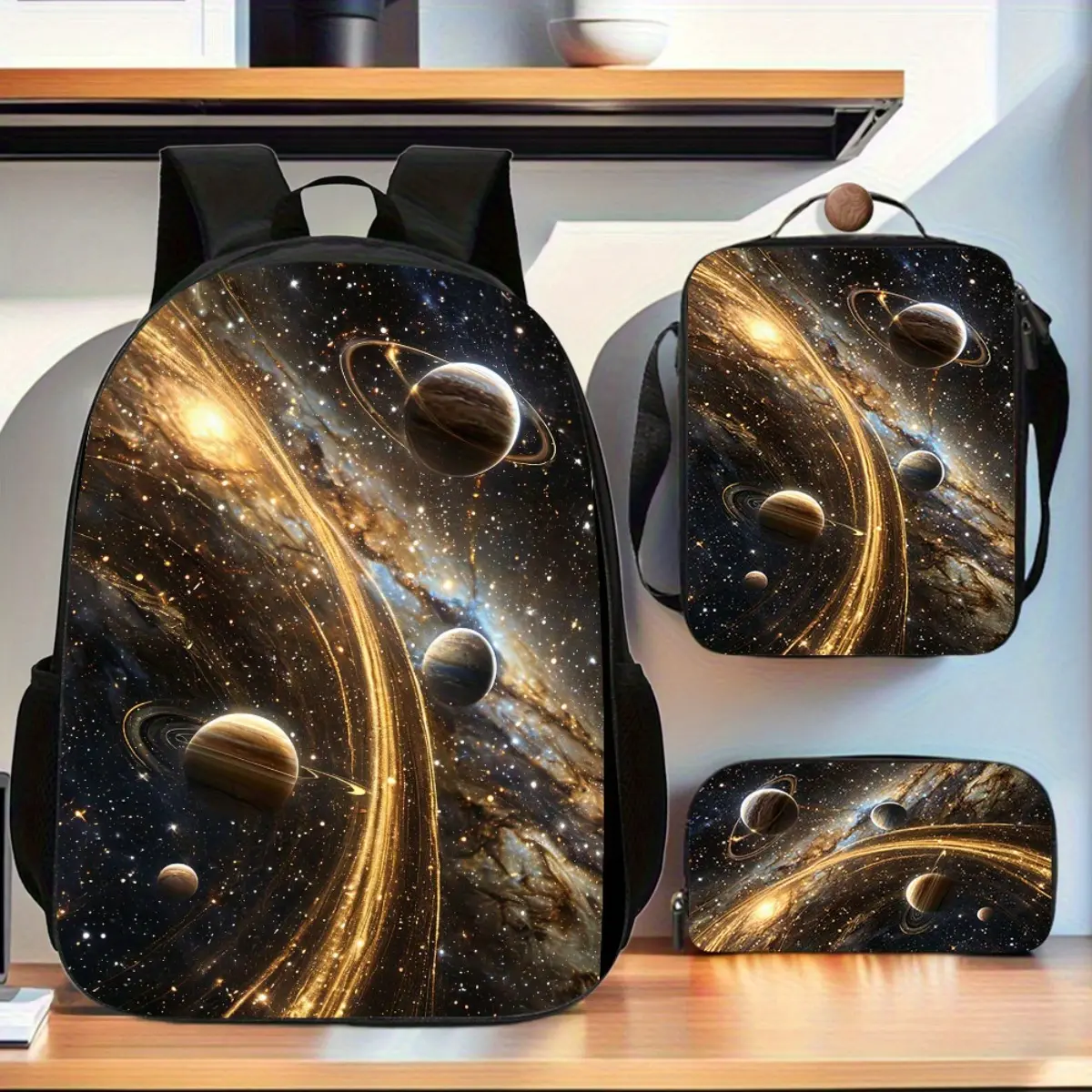 3pcs Solar System Backpack Set - Large Capacity Book Bags & Handbags with Golden Planets  Includes Pen Case - Ideal for School, Work, Adventure & Daily Commute, Adventure Gear|Futuristic Backpacks|Durable Zippers, Solar System Themed Accessories