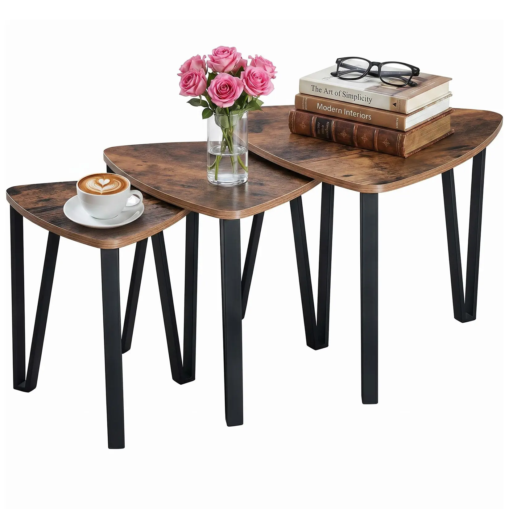 Set of 3 Triangle Nesting Coffee Tables - Industrial Stackable Side/End Table Set, Black Metal Frame & Melamine Particle Board, Space-Saving Accent Tables for Living Room/Bedroom - Color: Vintage