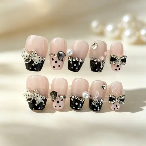 Cute Cat Claw Romantic Heart Ballet Bow Wings Metal Cross Pendant Series Handmade Glittering Fake Nails, Decorative Nails, Daily Wear for Girls