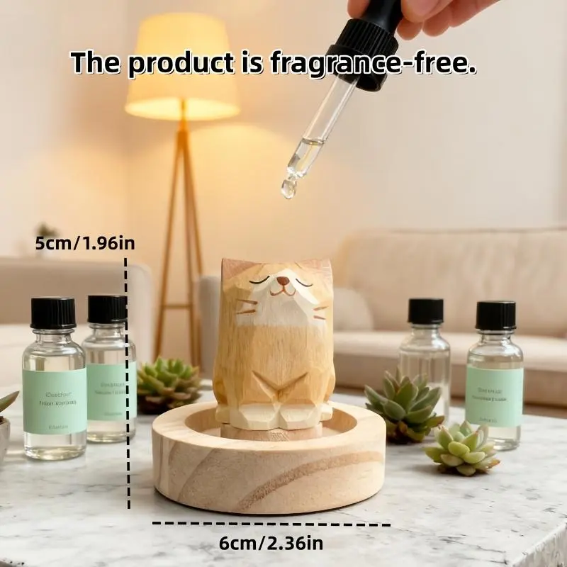 1-Piece Hand-Carved Creative Kitten Natural Wood Aroma Diffuser, Handmade No-Electricity Small Home Fragrance Accessory, Indoor/Car Use, Ideal Small Gift for Christmas/Birthday
