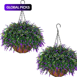 2sets hanging planters for outdoor plants with artificial flowers,2 coconut fiber hanging baskets, 60 artificial lavender flowers,for Summer and Spring Home Porch, Patio, and Terrace Decoration