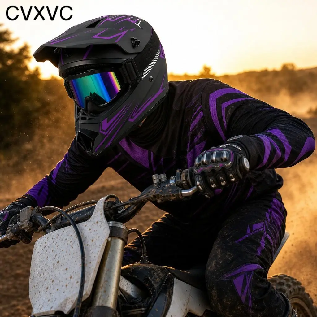 CVXVC Motocross Helmet, Full Face Design & Purple Graphic Pattern, 4-Piece Set With Goggles Gloves & Mask, For Adult Off-Road Riding Trail & Dirt Bike Racing, Shockproof Lightweight Ventilated Safe Secure Fit