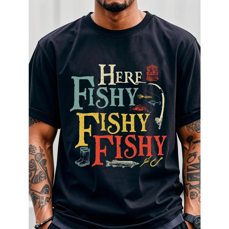 Men's 100% Soft Cotton Classic Short-Sleeve Tee - Retro Vintage "Here Fishy Fishy" Vibrant Digital Cartoon Fish Graphic, Athletic Round Neck, Breathable Casual Streetwear Party Fishing Top