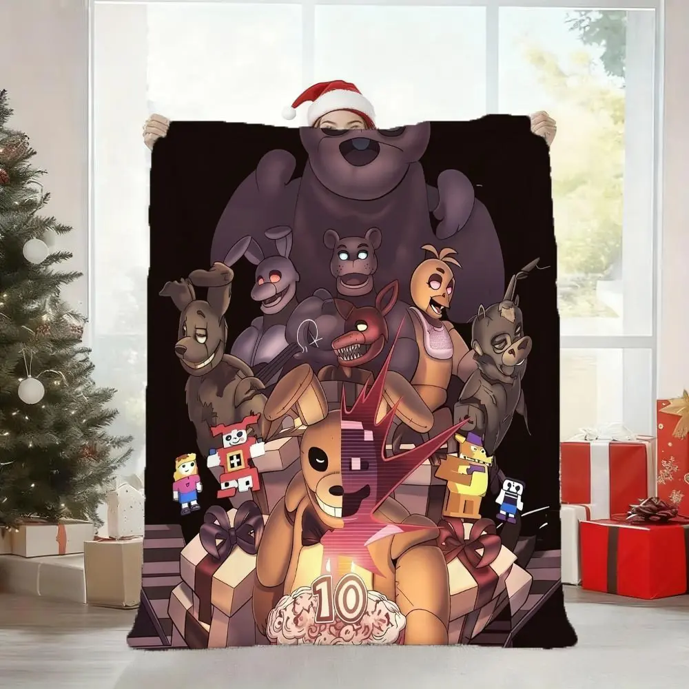 FNAF 10th Anniversary Flannel Blanket Five Nights At Freddy's Animatronics Group Poster Throw Blanket Gift Box Cake Background Sofa Bed Blanket For Horror Game Fans