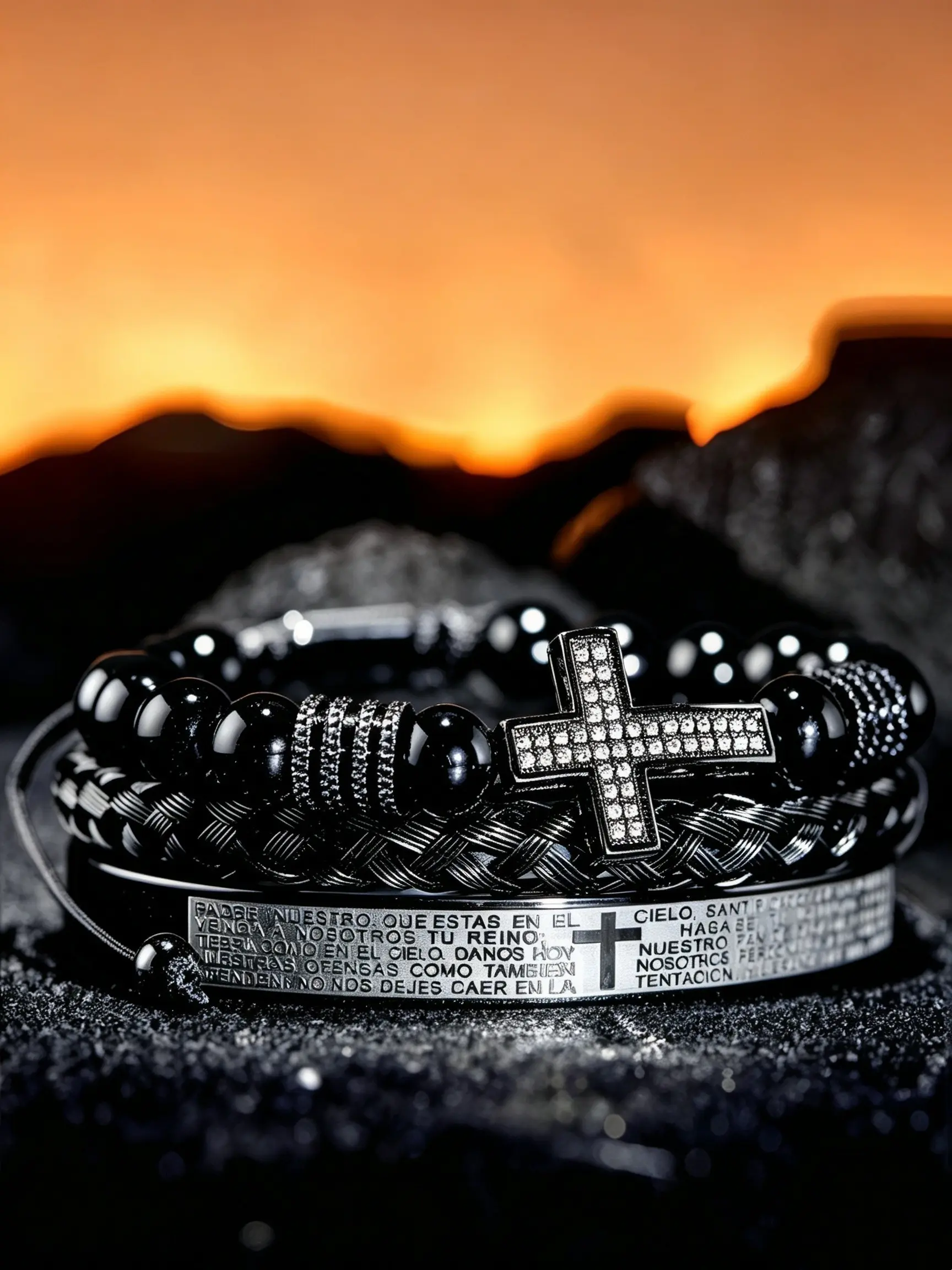 3pcs/set Men's Beaded Bracelet Set, Micro-Set Cross Braided Bracelet, Spanish Bible Cross Bracelet, Vintage Style Jewelry