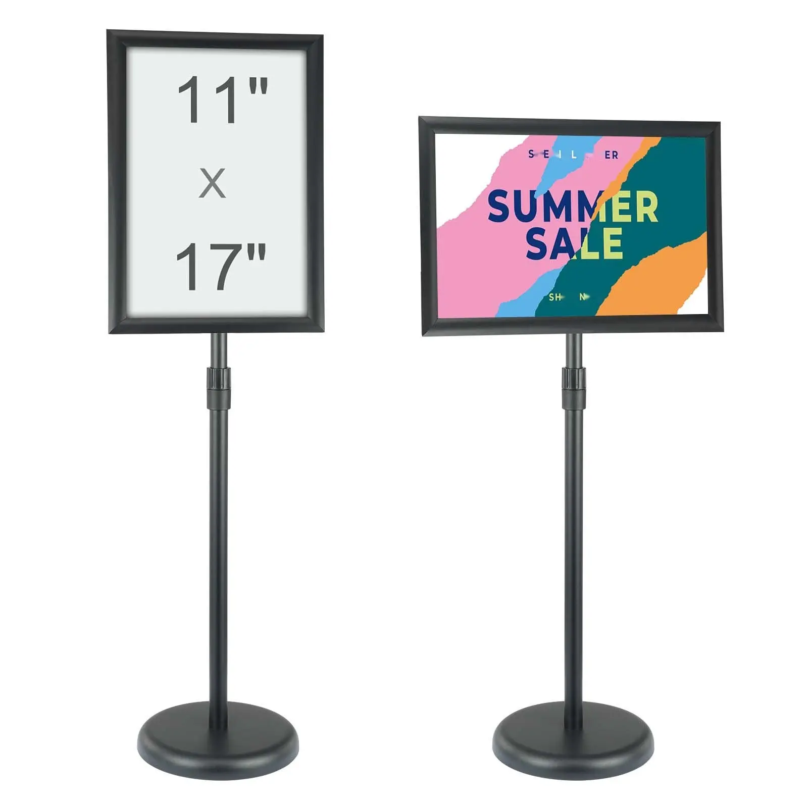 Pedestal Poster Sign Holder, 11 By 17 Inch Vertical And Horizontal Adjustable Display Stand, Heavy Duty Floor Standing Sign Holder With Round Base For Retail Display, Advertising, Indoor And Outdoor Use, Black Finish