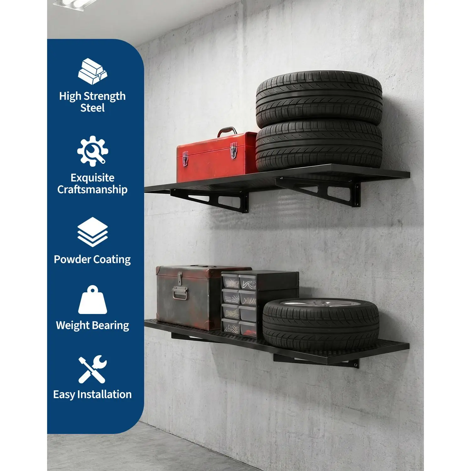 Garvee Heavy-Duty Wall-Mounted Garage Storage Rack Set, Steel Shelving with Hooks - 500 lb Capacity - Easy DIY Install - 1.5 x 4 ft, 2-Pack, Black, Includes Gloves, Garage Shelving, Heavy Duty Shelving, Storage Shelves, Garage Organizer, Workshop Storage