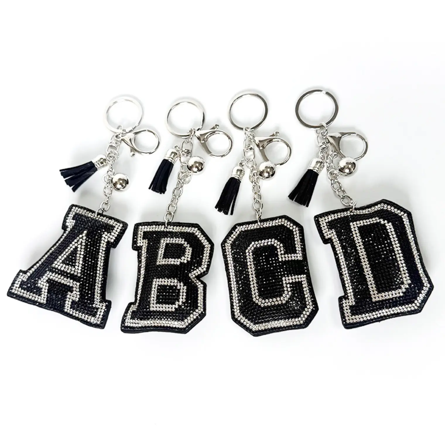 Sparkly Rhinestone Varsity Letter Keychain for Women, Black Chenille Patch Initial Alphabet Bag Charm, Dainty Fabric Keyring with Fuzzy Tassel Silver Bell, Preppy Car Keys Backpack Purse Pendant