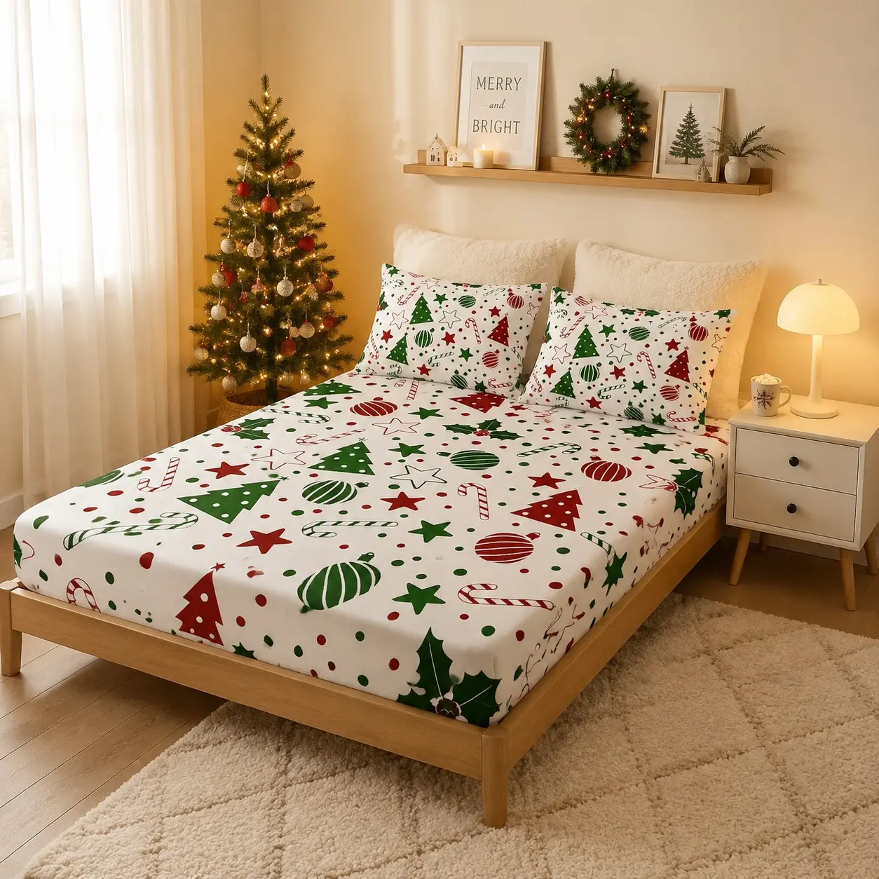 3-Piece Christmas Pattern Bed Sheet Set, Print, Polyester, King Size, Includes 1 Duvet Cover & 2 Pillowcases
