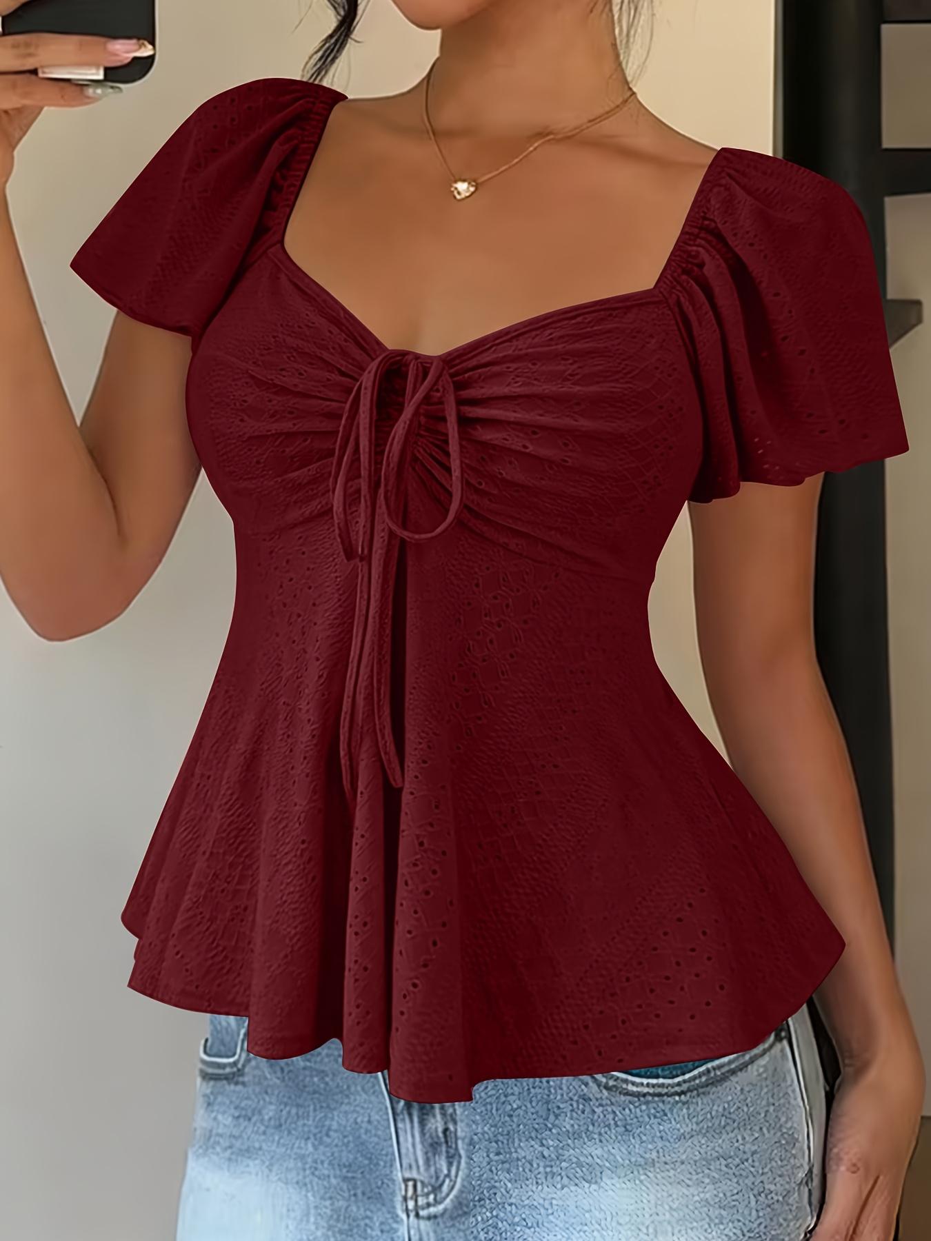 Women's Y2K Solid Color Jacquard V Neck Drawstring Crop Top Spring Summer New Arrival Breathable Dry Fit Long Sleeve UV Protective Active Gym Yoga Compression Shirt