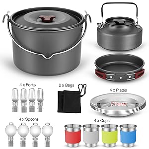 22PCs camping cookware mess kit, large size hanging pot pan kettle with Cook base set for 4, cups dishes forks spoons kit for outdoor camping hiking picnic 22PCs camping cookware mess kit, large size hanging pot pan kettle with Cook base set for 4, cups dishes forks spoons kit for outdoor camping hiking picnic