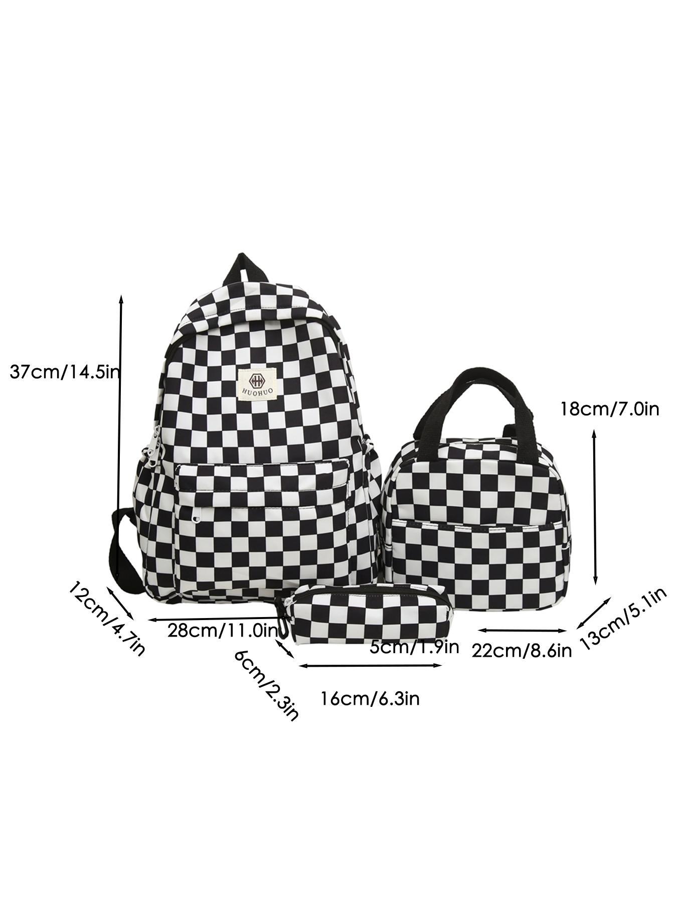 Checkerboard Pattern Backpack & Lunch Bag & Pencil Case Set, Casual Large Capacity School Bag Set for Women & Men, Fashionable Backpack Set for Daily Use
