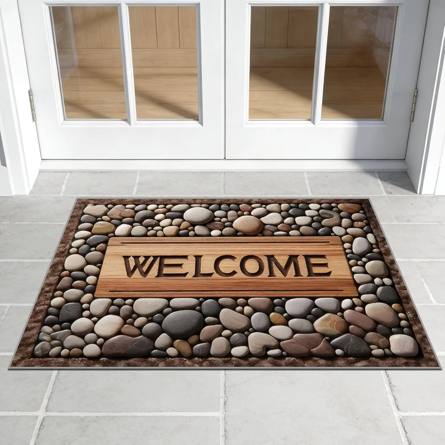 Extra Durable Doormat 24"x36", Washable Non Slip Rubber Backing Low Profile Welcome Mat, Indoor Outdoor Entrance Floor Mat for Entryway Porch (Pebble Wood Welcome, 24" x 36")