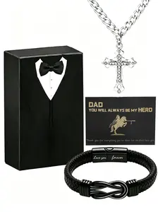 Father's Day Gift Box Set, Leather Infinity Bracelet + Cuban Chain Cross Necklace, Casual Jewelry for Dad, Husband, All Seasons