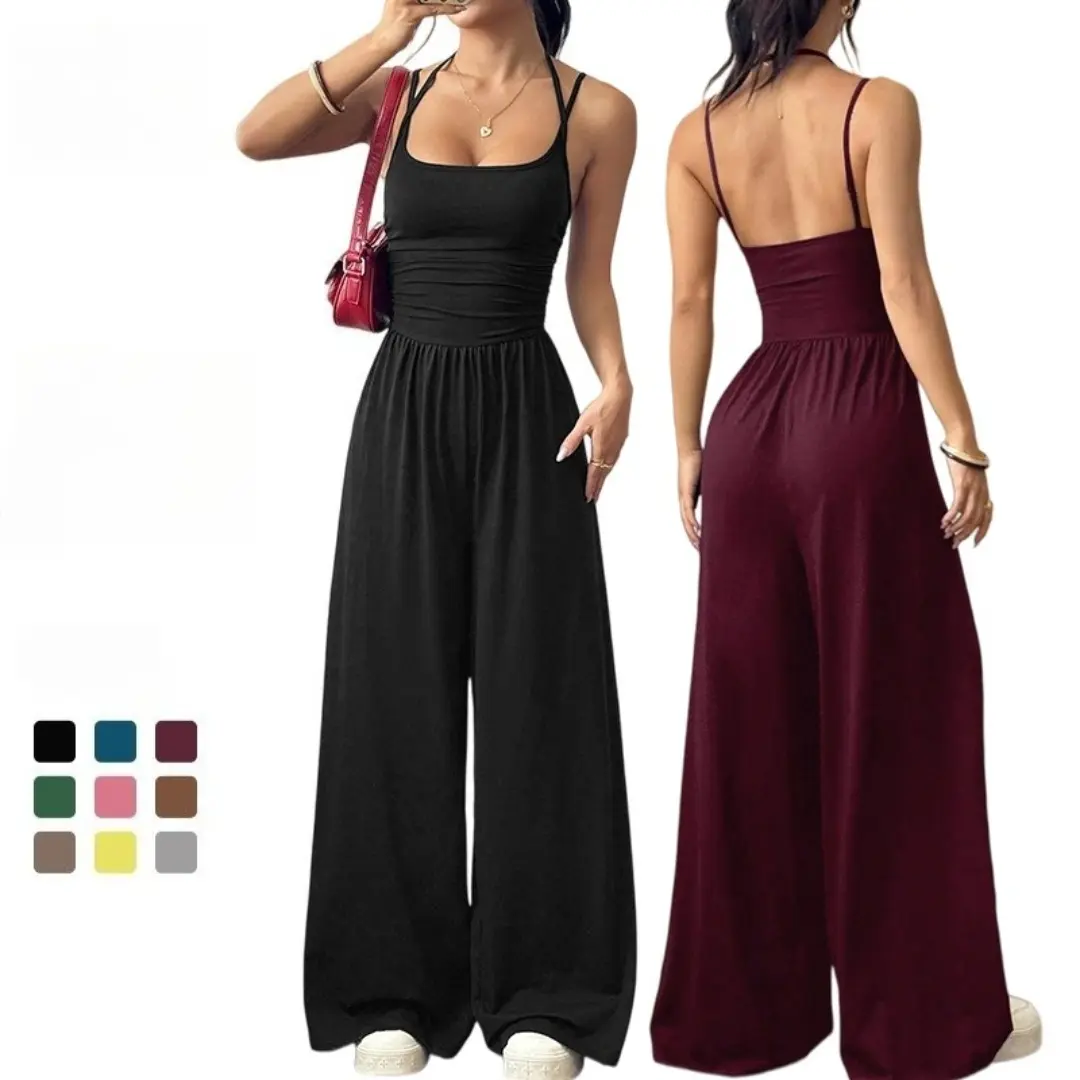 Women's Vintage Work Casual Milk Silk Overalls - Sexy Bandeau Top, Loose-Fit Wide-Leg Pants, Adjustable Suspender Straps, Summer Wear