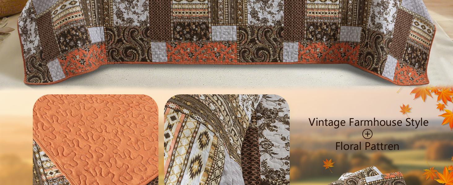 Cotton King Size for Farmhouse- Fall Patchwork Bedspread Set --Woven Soft Reversible King Size Bed Spread for All (Floral Orange) 3 Pieces