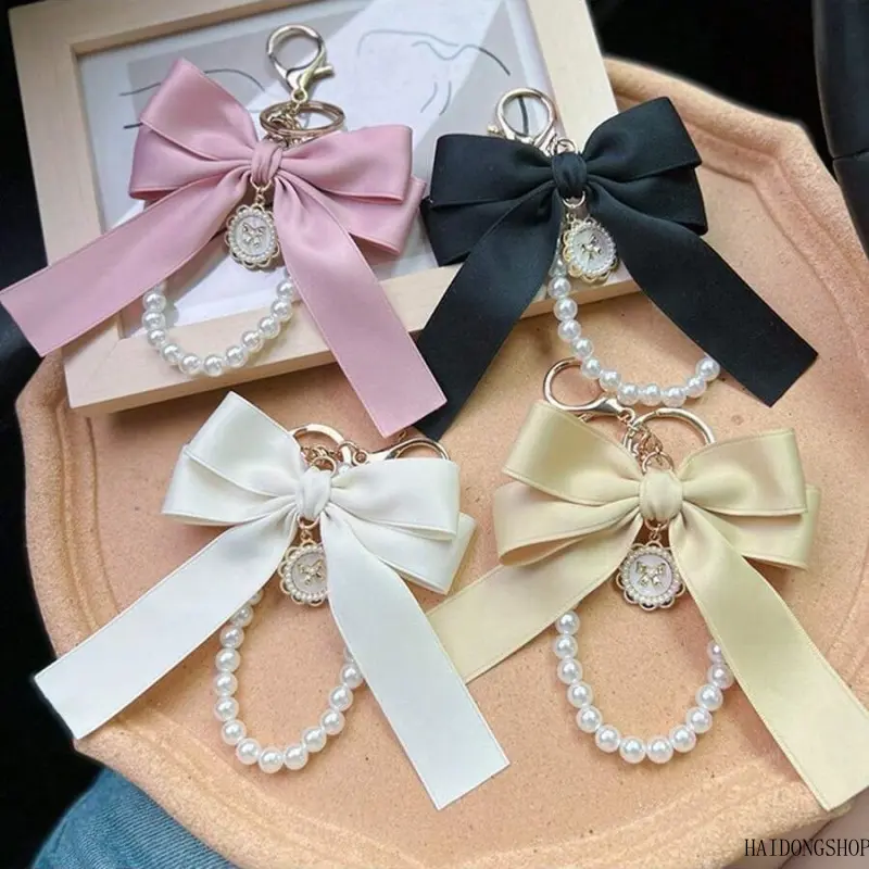 Ballet Coquette Viral Vintage Large Faux Pearl Bow Keychain For Women, Handmade Beaded Bag Charm, Elegant Fairy Accessory For Backpack Car Key Daily Styling,couple,