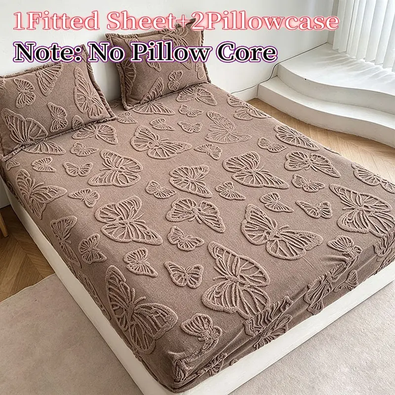 Butterfly Jacquard Fitted Sheet Set, 3-Piece Bedding, Bed Sheets Set, Multiple Colors and Sizes, Non-Slip Deep Pockets, All-Season Use, Soft Fitted Sheet