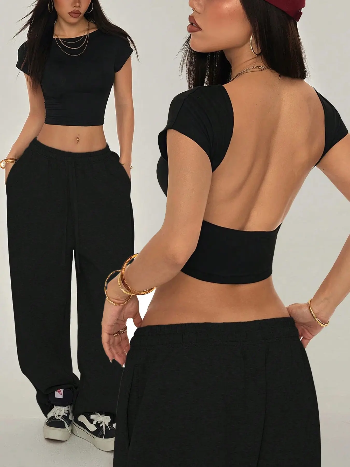 Women's Sexy Backless Short Sleeve Lightweight Breathable T-Shirt, Casual Everyday Wear Summer Streetwear Top, Trendy Design for Parties, Vacations, School, All Seasons