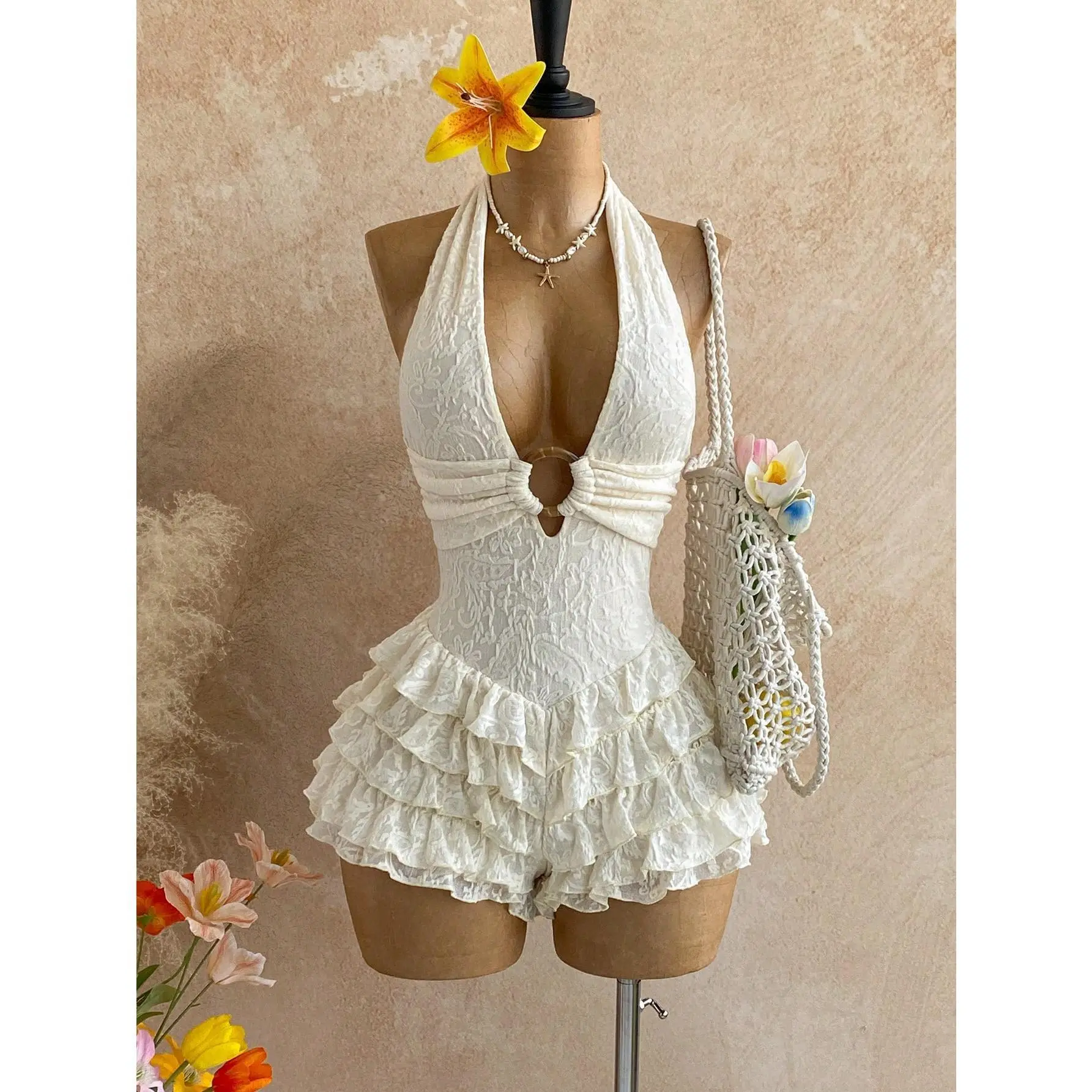 Women's Backless Knit Romper with Gold-Tone Ring Detail, Halter Style Short Jumpsuit for Holiday Vacation Wear, Fashion Apparel, Clothes, Concert Outfits, Girly Feminine Items, Female Stylish Festival Refined Fit, Look