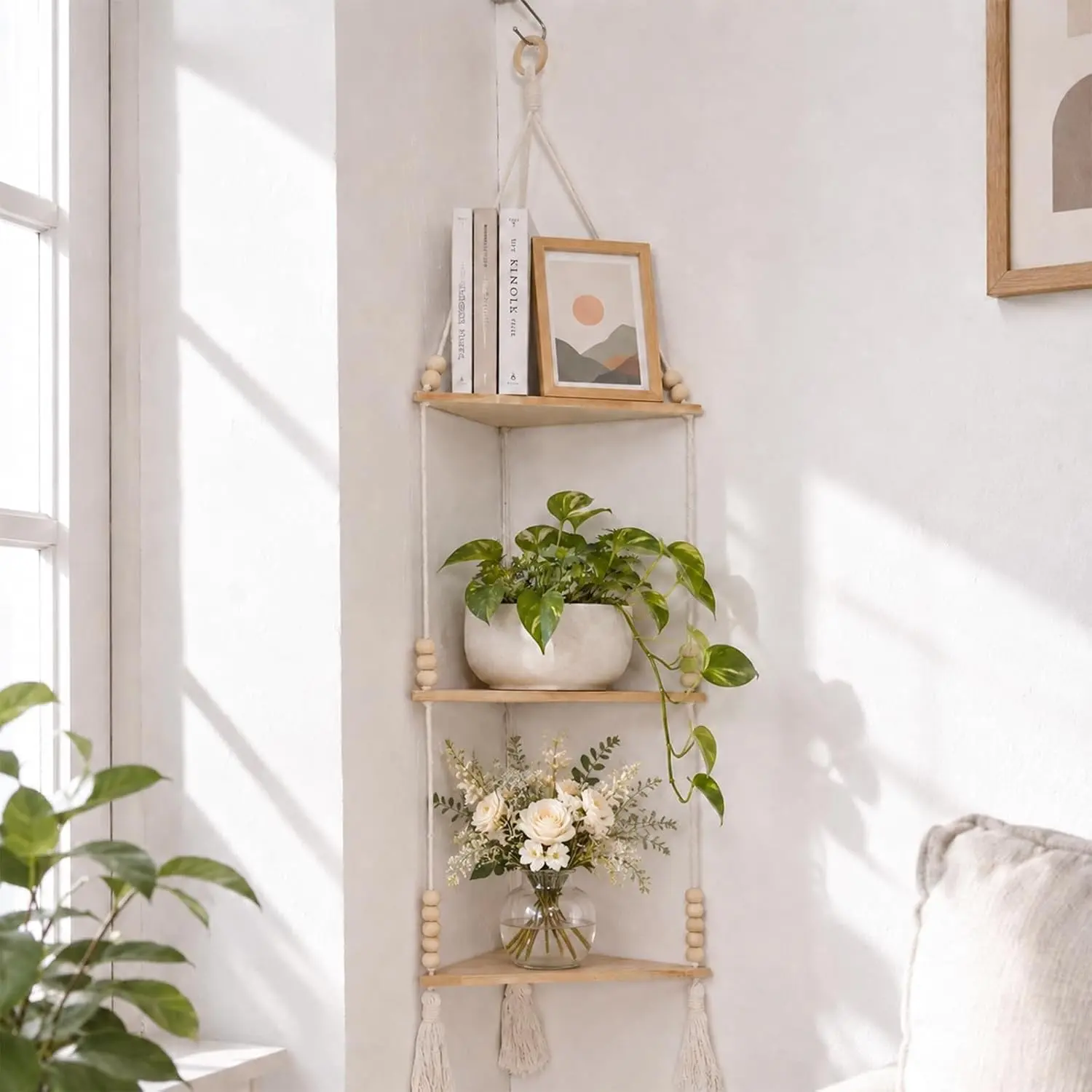 Macrame Corner Shelf Wall Hanging 3-Tier Adjust Boho Storage Decor | Wood Plant Floating Shelves Display, Farmhouse Rustic Crystal Candle Holder for Small Space, Bedroom Bathroom Dorm Wall Decor