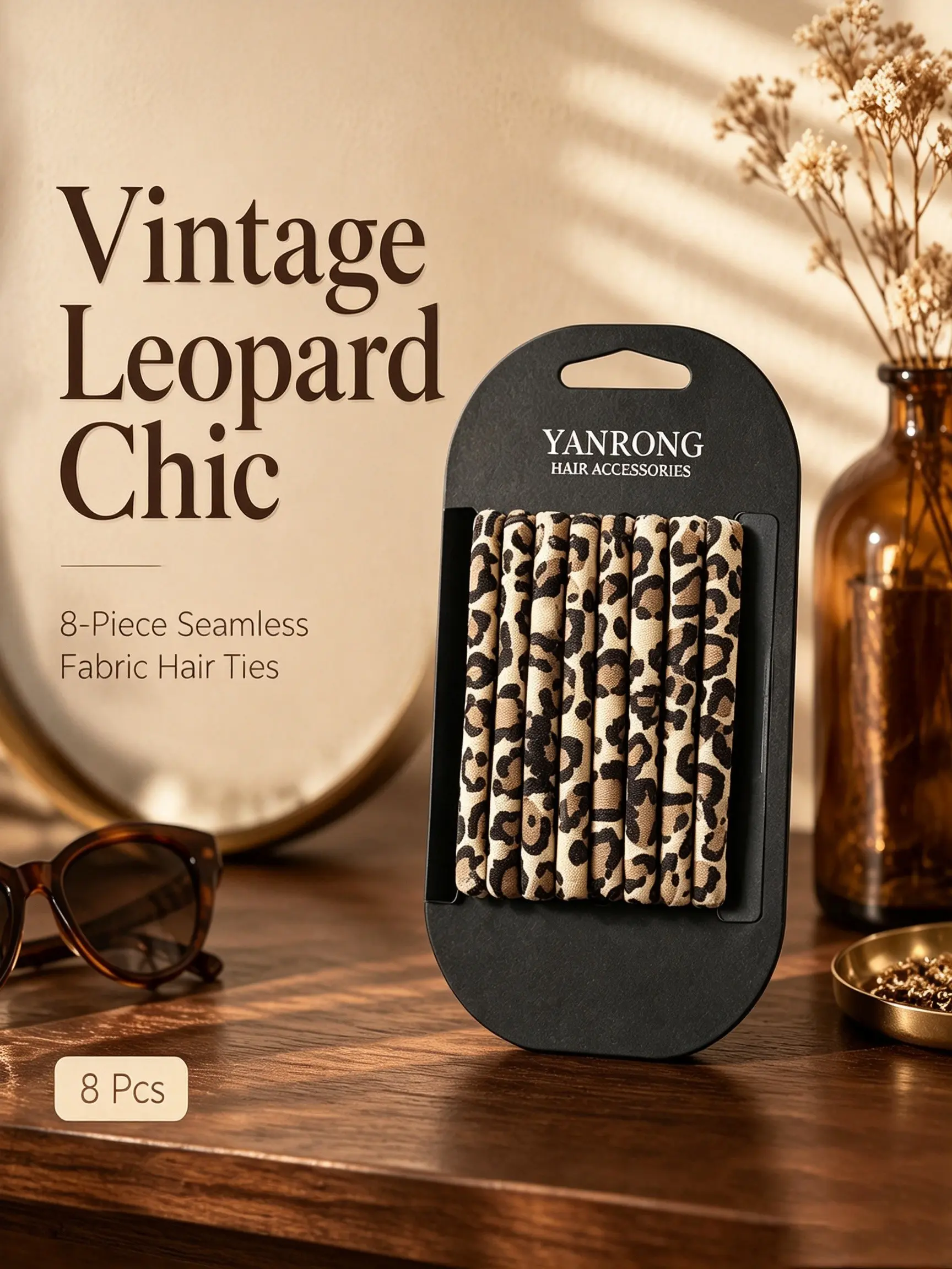 8Pcs Vintage Leopard Print Hair Ties, Seamless Soft Fabric Hair Scrunchies, No Damage Elastic Hair Bands for Ponytail, Daily Wear Wrist Bracelet Hair Accessories for Women.
