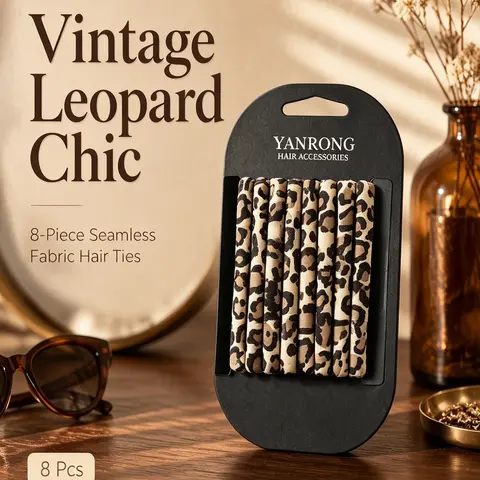 8 Counts Vintage Leopard Print Seamless Hair Ties, Soft Fabric Hair Scrunchies, Elastic Hair Bands for Ponytail, Elastic Hair Ties Ponytail Holders, Wearable on Wrist, Daily‑Use Hair Accessories for Women