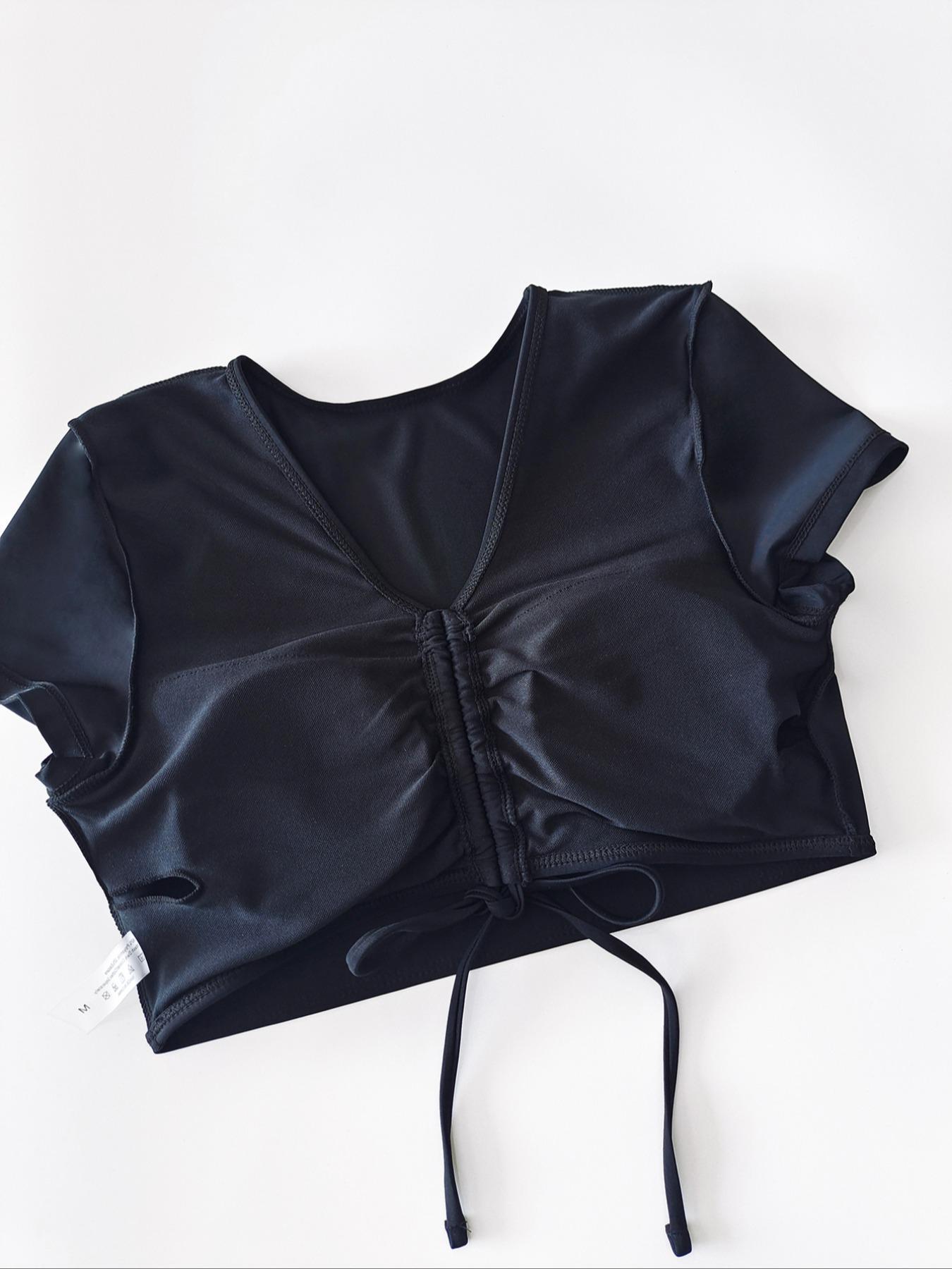 Two-Piece Set Women's Solid Ruched Drawstring Skinny Swimsuit Set, Casual V Neck Short Sleeve Tie Front Swim Top & High Waist Drawstring Side Swim Shorts, Ladies Summer Beach Holiday Vacation Swimwear, Tankini With Shorts