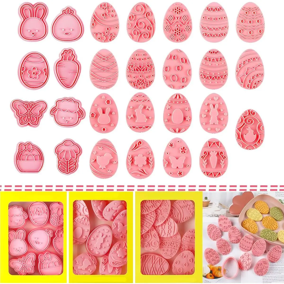 27-Count Easter Cookie Cutters Set, 3-in-1 0.4mm PP Plastic Baking Utensils with Cute Shapes & Heart Designs