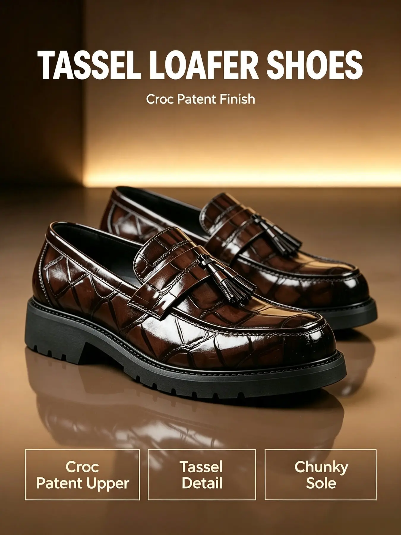 Men's Crocodile Embossed Tassel Loafers, Thick Sole Height‑Increase Slip‑On Dress Shoes, Vintage British Style Patent Leather Formal Casual Shoes, Non‑Slip Wear‑Res Rubber Outsole, Breathable Soft Insole For Office Business Wedding Party Daily Commute