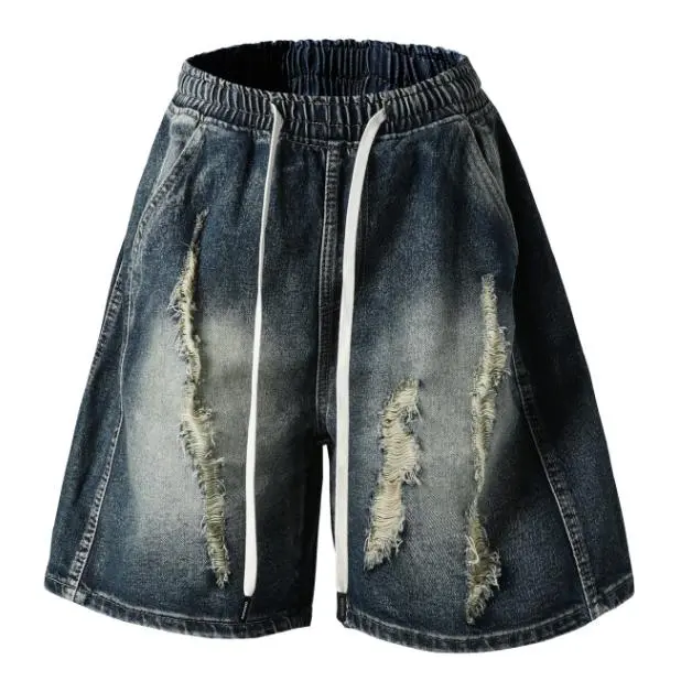 American Vintage Washed Denim Shorts With Drawstring Elastic Waist Multiple Vertical Sanded Large Rips Stitched Cuff Five Pocket Straight Knee Street Casual Jorts # jean shorts men # men's shorts summer # SummerWins # fathersdaygift