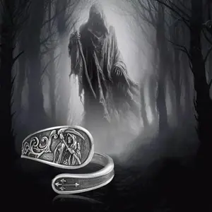 Engraved Cross & Skull Costume Ring - Goth, Cross Charm, Crucifix Motif, Dark Gothic Styles - Halloween Party Essential, Goth Rings, Cross Charm Rings