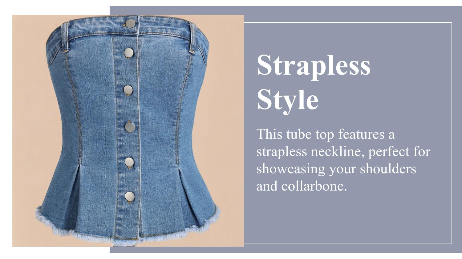 Women's Denim Button Fly Tube Top, Casual Fashion Strapless Denim Top for Daily Wear, Ladies Clothes for Summer