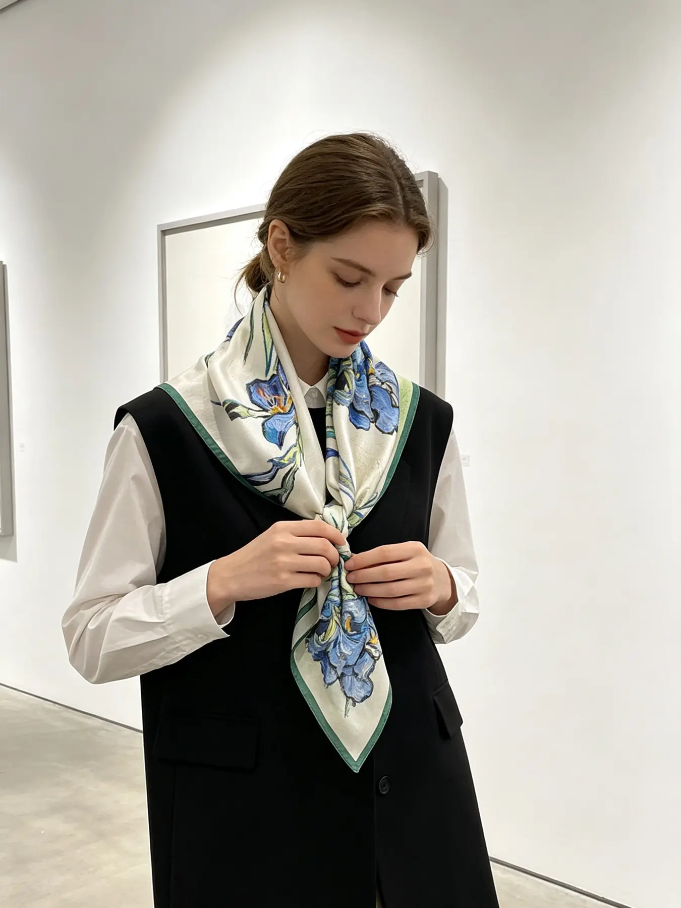 Van Gogh Iris Oil Painting Print Silk Scarf, Glossy Satin Square Bandana, Dark Floral Neck Wrap, Vintage Art Accessory