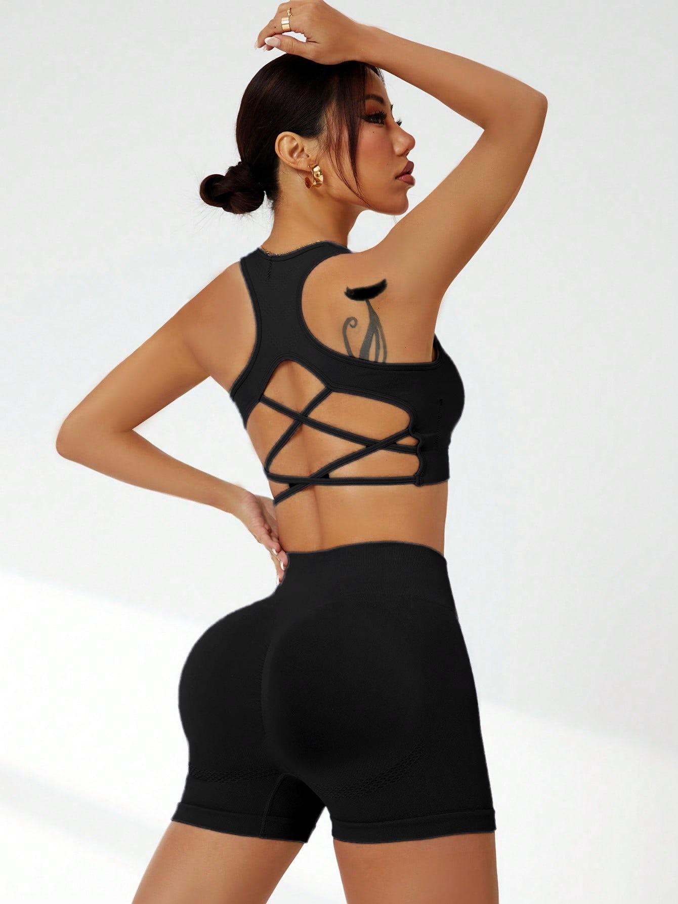 New cross-back sports fitness running high-waisted shorts yoga outfit set with a cross-back design