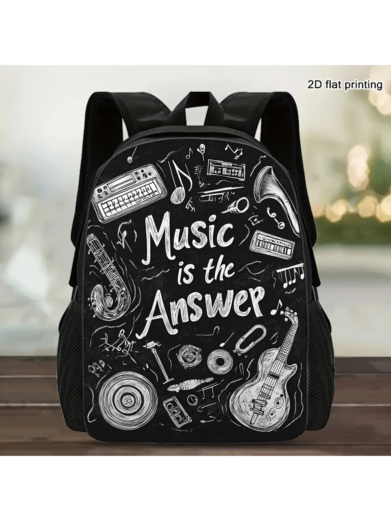1 large capacity 2D printed backpack for music graffiti fantasy - black travel shoulder bag, suitable for work and daily commuting, music themed design, with guitar, keyboard and notes, school backpack