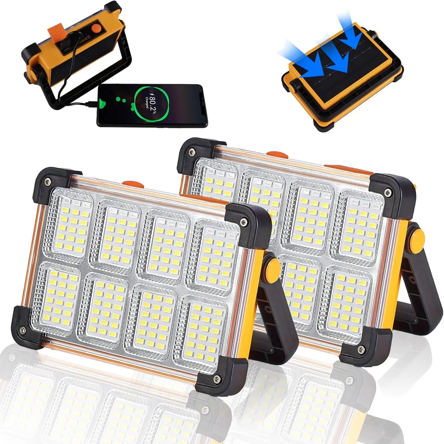 2-Pack Lightweight 120W Solar Recharge & Built-In Batteries Compact Work Lights, 144 LED 10000 Lumen Portable Floodlight with Stand, IP66 Waterproof, 4-Modes LED Construction Site Lighting Flashlight, Suitable for Camping, Mechanical Repairs, Two Packs