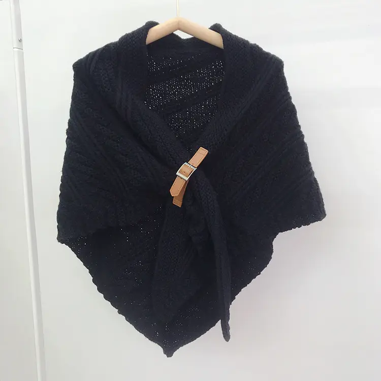 Womens Solid Color Large Triangle Shawl Cape Hollowed-out Knit Scarf With Leather Buckle Slit Design Warm Decorative Wrap Scarf For Soft Knit Fabric Easy Fastening Stylish Outerwear Accessory For Cold Days Casual Elegant Outfit Upgrade