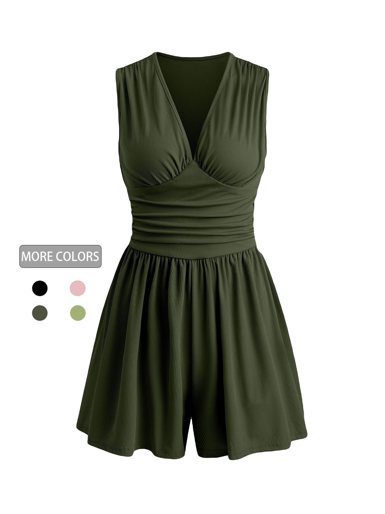 Women's Plain Ruched Deep V Neck Tank Romper, Elegant Sleeveless Romper For Summer, Fashion Casual Ladies Clothes For Daily Wear