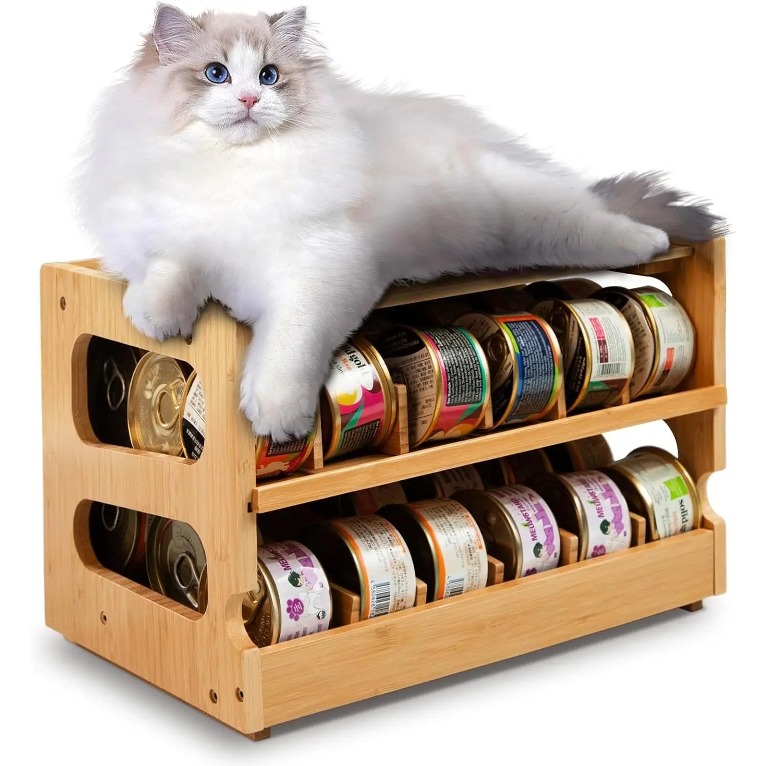Cat Food Can Organizer for Pantry, Bamboo 2-Tier FIFO Rotating Can Dispenser, Holds 36 (3oz) Wet Cat Food Cans, Stackable Storage Shelf for Kitchen Cabinet