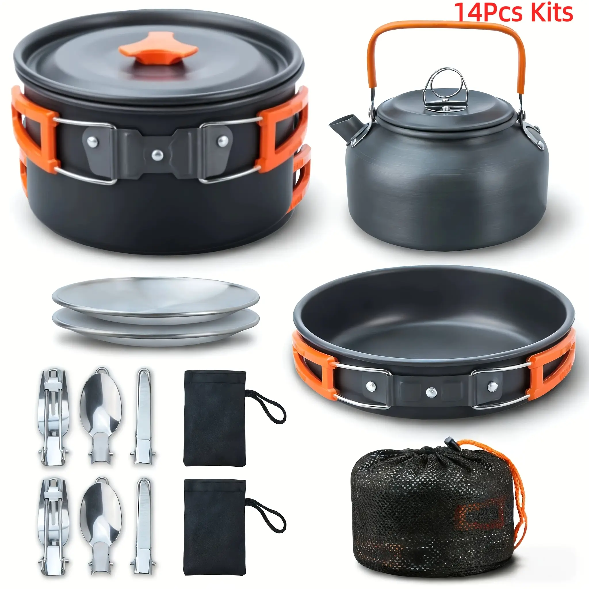 8/14 piece camping cooker set, portable non-stick aluminum cooker including kettle, pan, frying pan, plate, fork, knife, spoon, suitable for camping, hiking and outdoor cooking