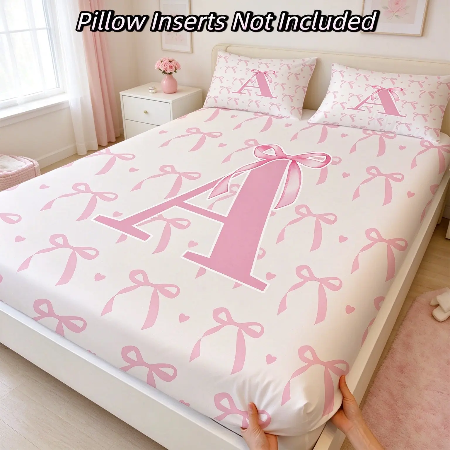 3-Piece Pink Bow & Letter Print Fitted Sheet Set, Includes 1 Fitted Sheet and 2 Pillowcases (Pillows Not Included), Girly Vibe Bedding, Light Background Heart & Ribbon Print, Comfortable Bedding, Non-Slip for Bedroom, Great Holiday & Housewarming Gifts